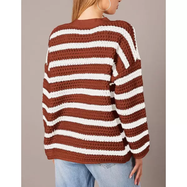 PRETTYGARDEN Womens Fall Striped Cardigan Sweaters Chunky Knit Long Sleeve Open Front Loose Fit Trendy Fashion OuterwearStriped Brick Red White