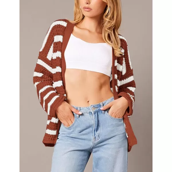 PRETTYGARDEN Womens Fall Striped Cardigan Sweaters Chunky Knit Long Sleeve Open Front Loose Fit Trendy Fashion OuterwearStriped Brick Red White