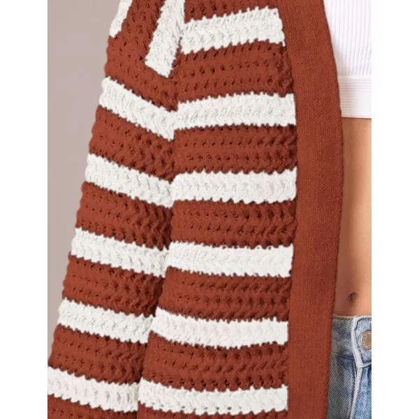 PRETTYGARDEN Womens Fall Striped Cardigan Sweaters Chunky Knit Long Sleeve Open Front Loose Fit Trendy Fashion OuterwearStriped Brick Red White