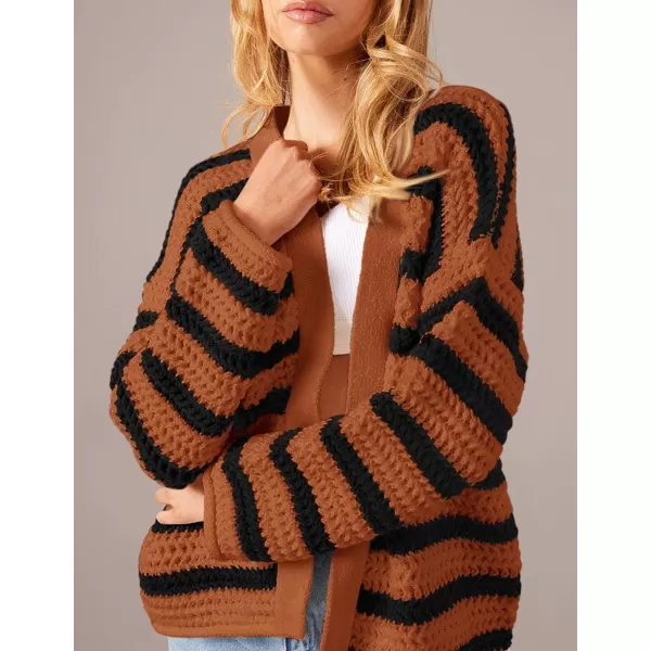 PRETTYGARDEN Womens Fall Striped Cardigan Sweaters Chunky Knit Long Sleeve Open Front Loose Fit Trendy Fashion OuterwearStriped Brown Black