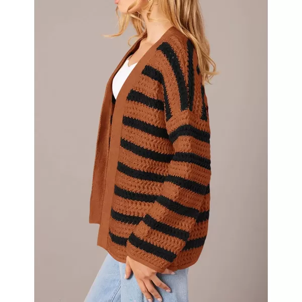 PRETTYGARDEN Womens Fall Striped Cardigan Sweaters Chunky Knit Long Sleeve Open Front Loose Fit Trendy Fashion OuterwearStriped Brown Black