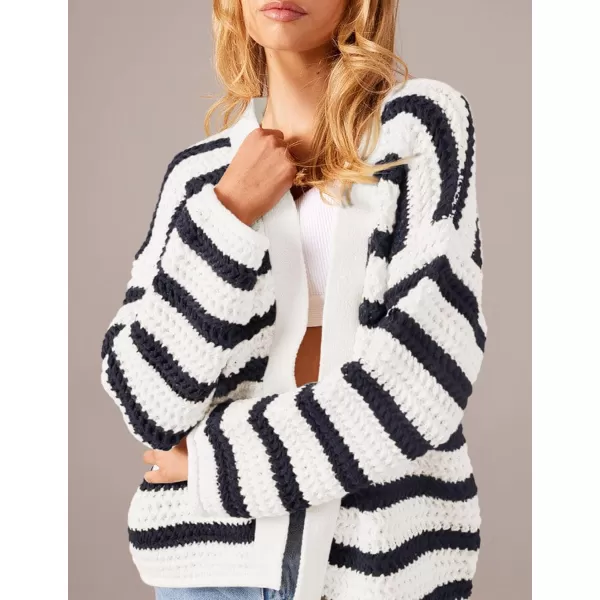 PRETTYGARDEN Womens Fall Striped Cardigan Sweaters Chunky Knit Long Sleeve Open Front Loose Fit Trendy Fashion OuterwearStriped White Navy