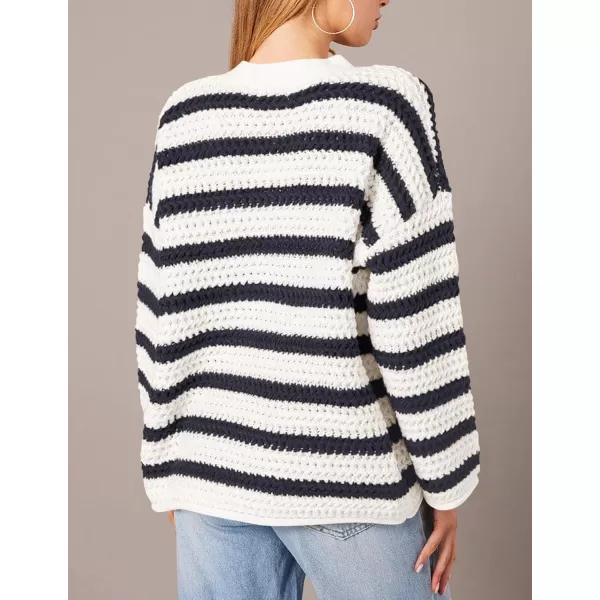 PRETTYGARDEN Womens Fall Striped Cardigan Sweaters Chunky Knit Long Sleeve Open Front Loose Fit Trendy Fashion OuterwearStriped White Navy