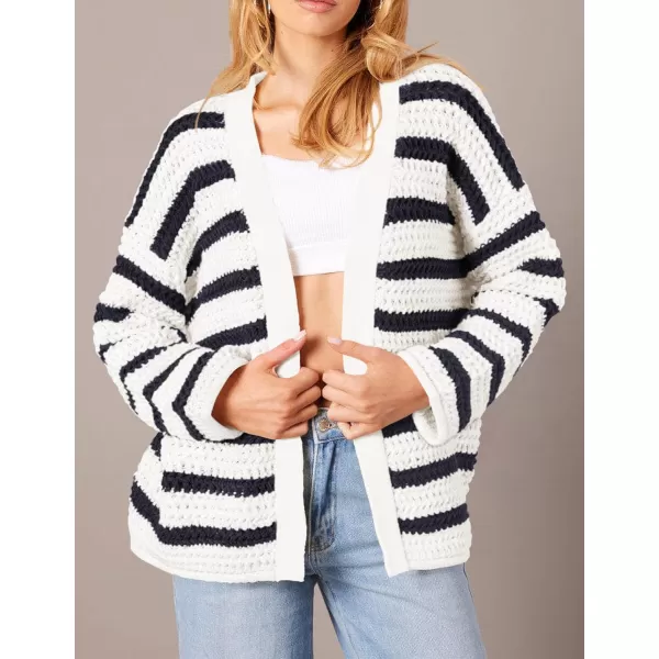 PRETTYGARDEN Womens Fall Striped Cardigan Sweaters Chunky Knit Long Sleeve Open Front Loose Fit Trendy Fashion OuterwearStriped White Navy