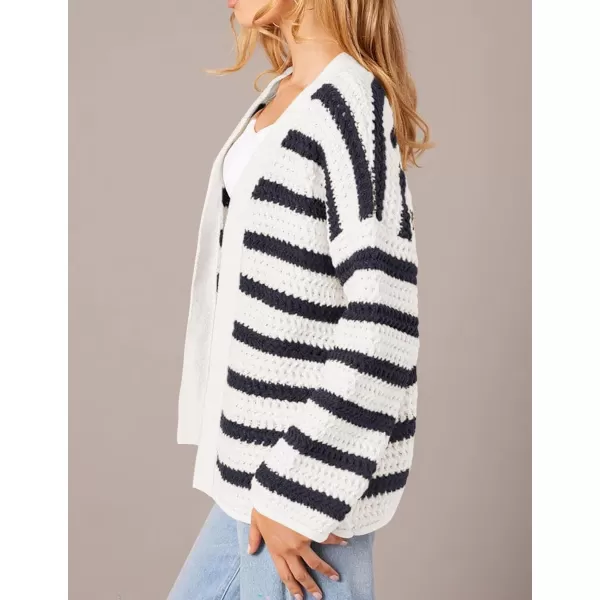 PRETTYGARDEN Womens Fall Striped Cardigan Sweaters Chunky Knit Long Sleeve Open Front Loose Fit Trendy Fashion OuterwearStriped White Navy