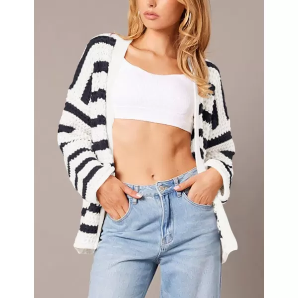 PRETTYGARDEN Womens Fall Striped Cardigan Sweaters Chunky Knit Long Sleeve Open Front Loose Fit Trendy Fashion OuterwearStriped White Navy
