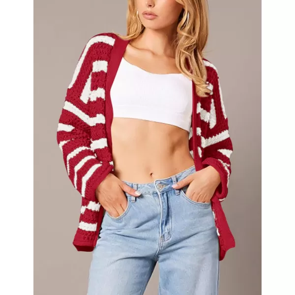 PRETTYGARDEN Womens Fall Striped Cardigan Sweaters Chunky Knit Long Sleeve Open Front Loose Fit Trendy Fashion OuterwearStriped Wine Red White