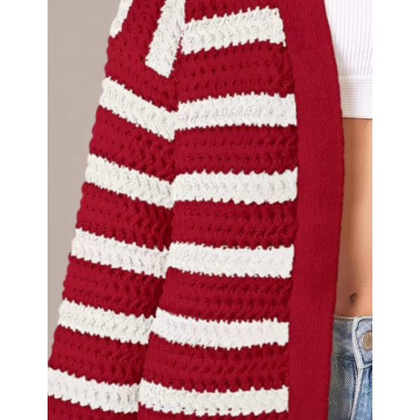 PRETTYGARDEN Womens Fall Striped Cardigan Sweaters Chunky Knit Long Sleeve Open Front Loose Fit Trendy Fashion OuterwearStriped Wine Red White