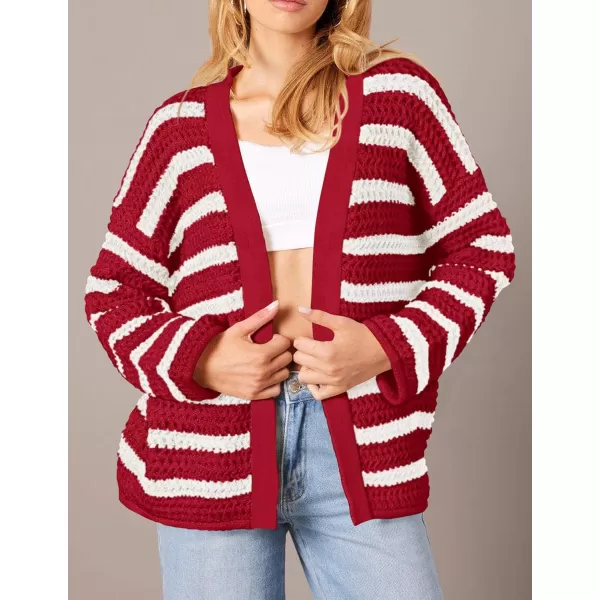 PRETTYGARDEN Womens Fall Striped Cardigan Sweaters Chunky Knit Long Sleeve Open Front Loose Fit Trendy Fashion OuterwearStriped Wine Red White