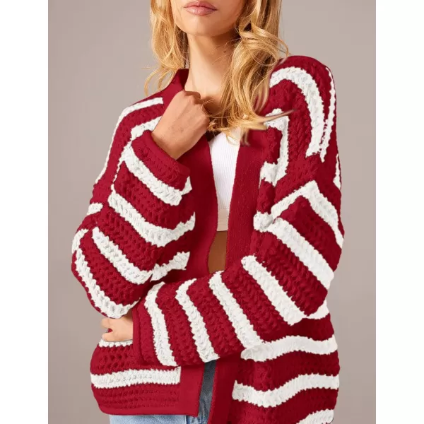 PRETTYGARDEN Womens Fall Striped Cardigan Sweaters Chunky Knit Long Sleeve Open Front Loose Fit Trendy Fashion OuterwearStriped Wine Red White