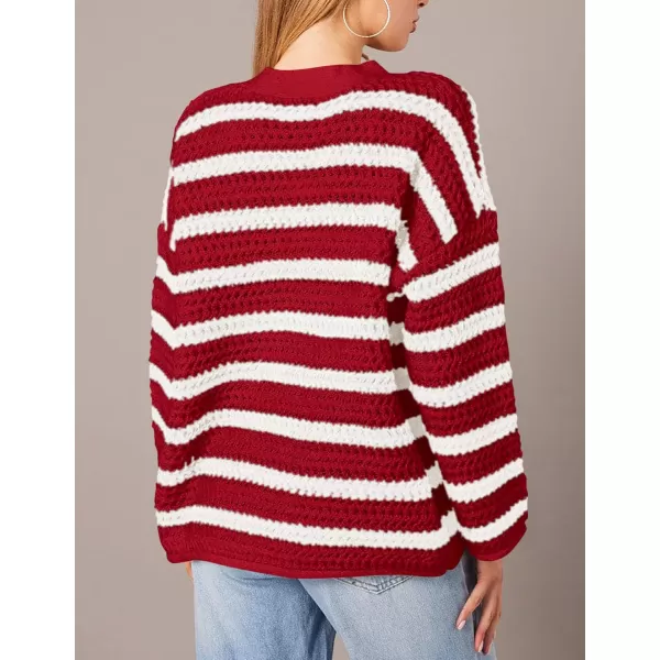 PRETTYGARDEN Womens Fall Striped Cardigan Sweaters Chunky Knit Long Sleeve Open Front Loose Fit Trendy Fashion OuterwearStriped Wine Red White