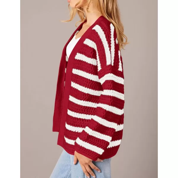 PRETTYGARDEN Womens Fall Striped Cardigan Sweaters Chunky Knit Long Sleeve Open Front Loose Fit Trendy Fashion OuterwearStriped Wine Red White