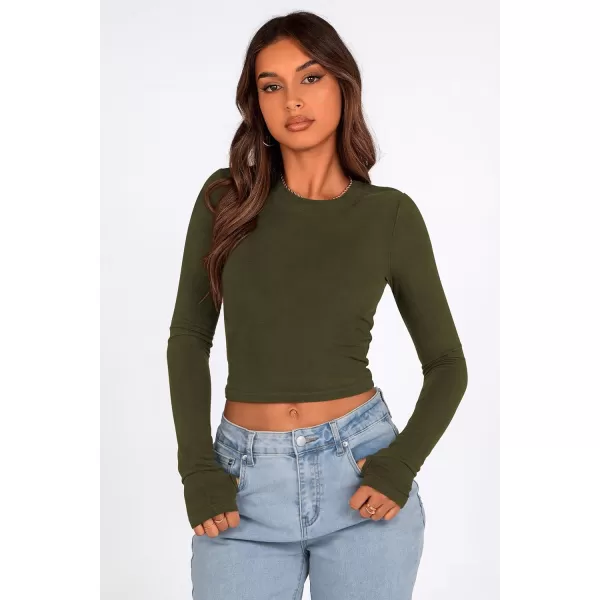 PRETTYGARDEN Womens Long Sleeve Crop Tops Y2K Fall Fashion Clothes Basic Slim Fit Tee Shirts BlouseArmy Green