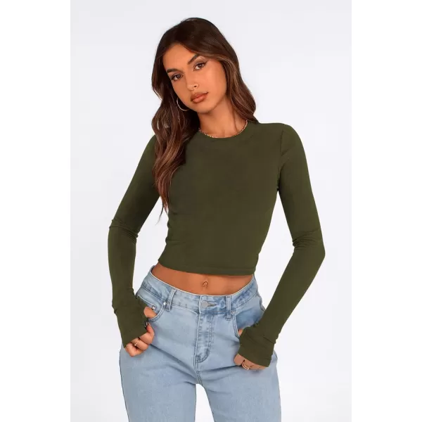 PRETTYGARDEN Womens Long Sleeve Crop Tops Y2K Fall Fashion Clothes Basic Slim Fit Tee Shirts BlouseArmy Green