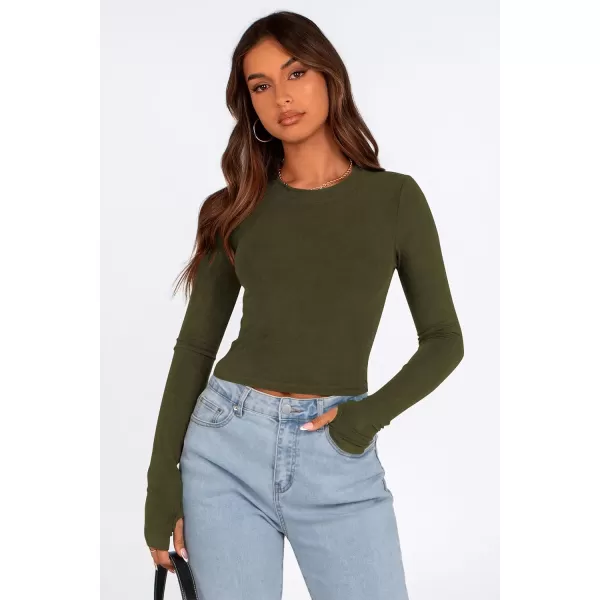 PRETTYGARDEN Womens Long Sleeve Crop Tops Y2K Fall Fashion Clothes Basic Slim Fit Tee Shirts BlouseArmy Green