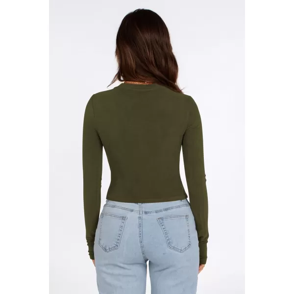 PRETTYGARDEN Womens Long Sleeve Crop Tops Y2K Fall Fashion Clothes Basic Slim Fit Tee Shirts BlouseArmy Green