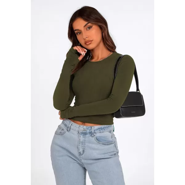 PRETTYGARDEN Womens Long Sleeve Crop Tops Y2K Fall Fashion Clothes Basic Slim Fit Tee Shirts BlouseArmy Green