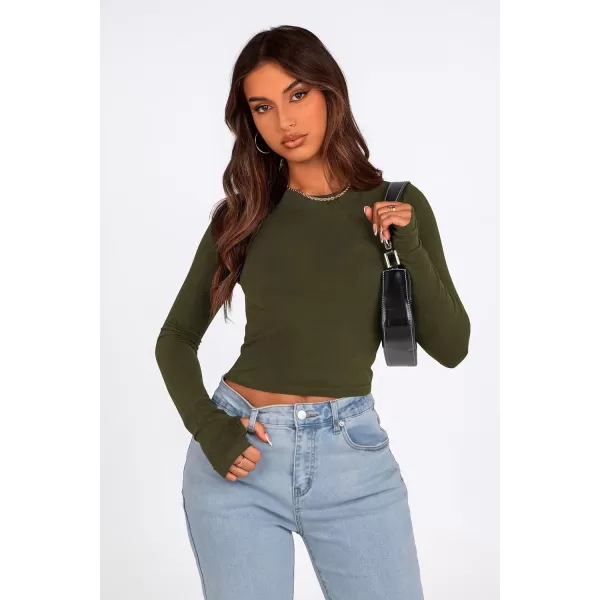 PRETTYGARDEN Womens Long Sleeve Crop Tops Y2K Fall Fashion Clothes Basic Slim Fit Tee Shirts BlouseArmy Green