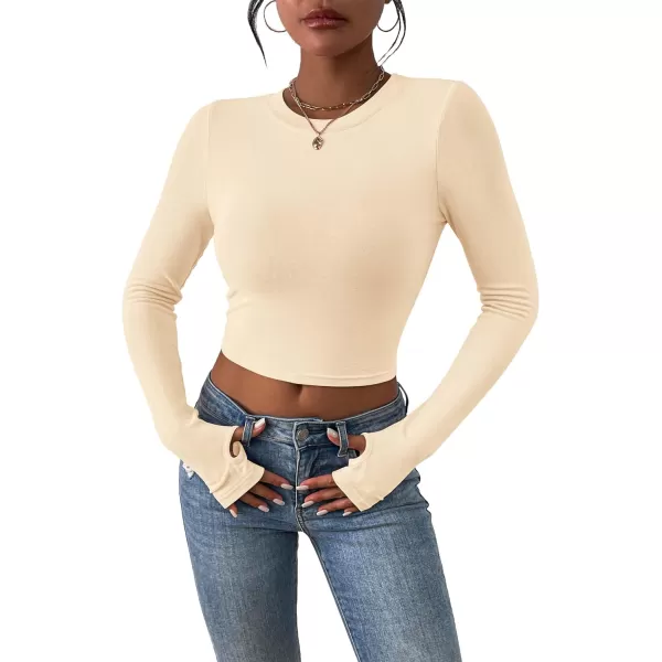 PRETTYGARDEN Womens Long Sleeve Crop Tops Y2K Fall Fashion Clothes Basic Slim Fit Tee Shirts BlouseBeige