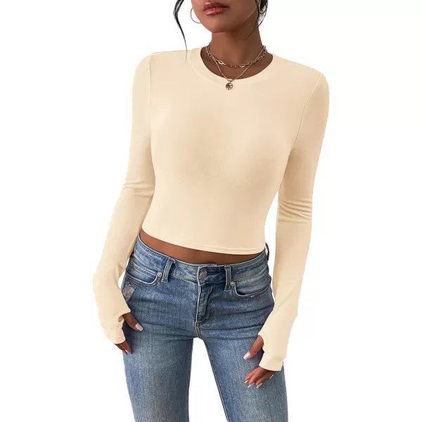 PRETTYGARDEN Womens Long Sleeve Crop Tops Y2K Fall Fashion Clothes Basic Slim Fit Tee Shirts BlouseBeige
