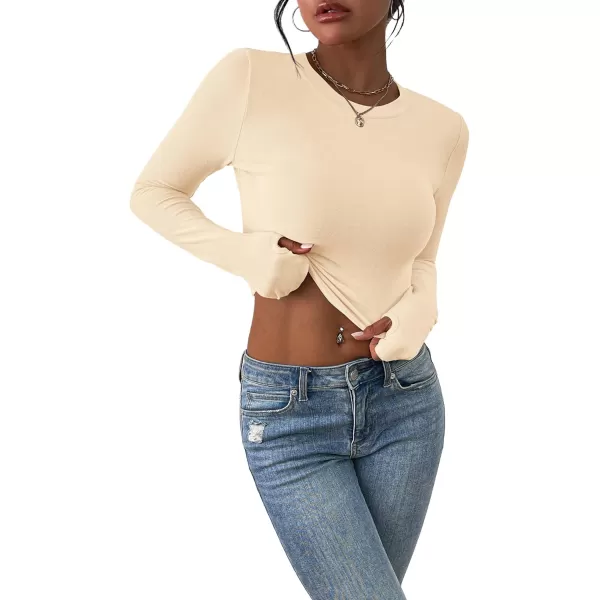 PRETTYGARDEN Womens Long Sleeve Crop Tops Y2K Fall Fashion Clothes Basic Slim Fit Tee Shirts BlouseBeige