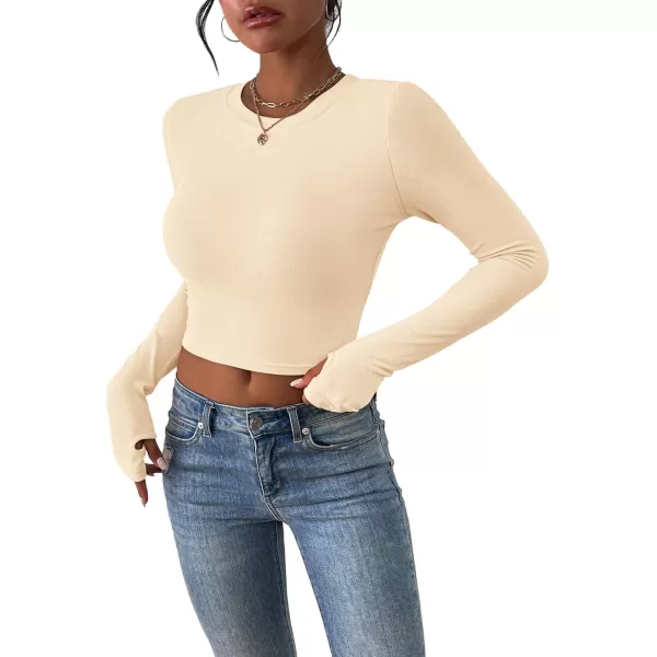 PRETTYGARDEN Womens Long Sleeve Crop Tops Y2K Fall Fashion Clothes Basic Slim Fit Tee Shirts BlouseBeige