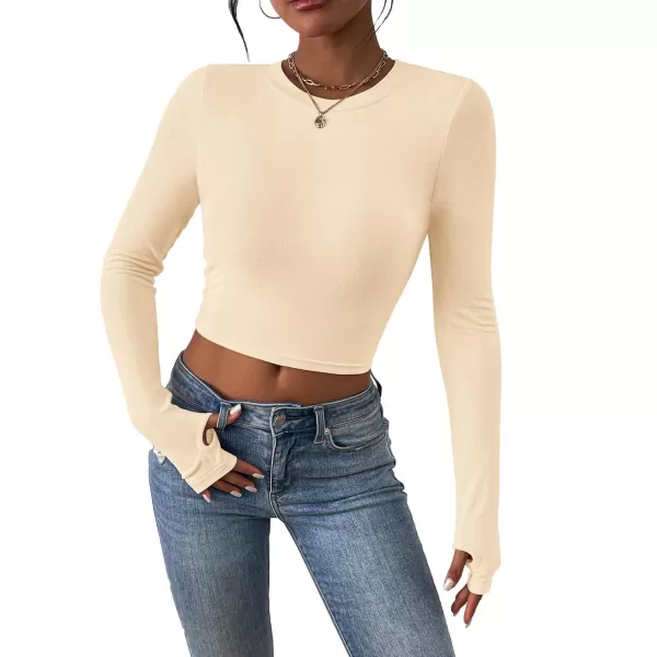 PRETTYGARDEN Womens Long Sleeve Crop Tops Y2K Fall Fashion Clothes Basic Slim Fit Tee Shirts BlouseBeige
