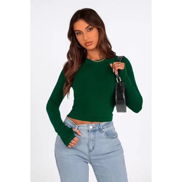 PRETTYGARDEN Womens Long Sleeve Crop Tops Y2K Fall Fashion Clothes Basic Slim Fit Tee Shirts BlouseGreen