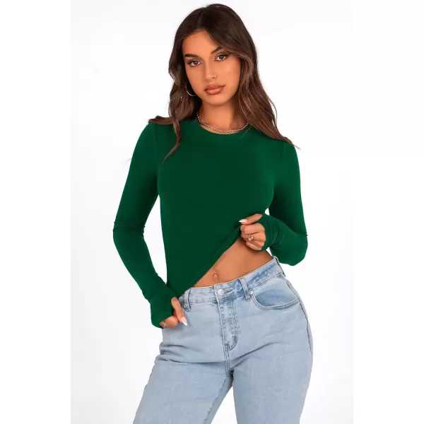 PRETTYGARDEN Womens Long Sleeve Crop Tops Y2K Fall Fashion Clothes Basic Slim Fit Tee Shirts BlouseGreen