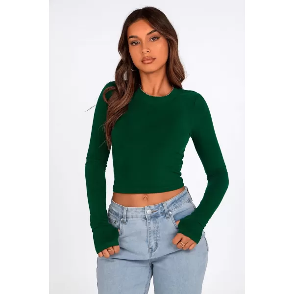 PRETTYGARDEN Womens Long Sleeve Crop Tops Y2K Fall Fashion Clothes Basic Slim Fit Tee Shirts BlouseGreen