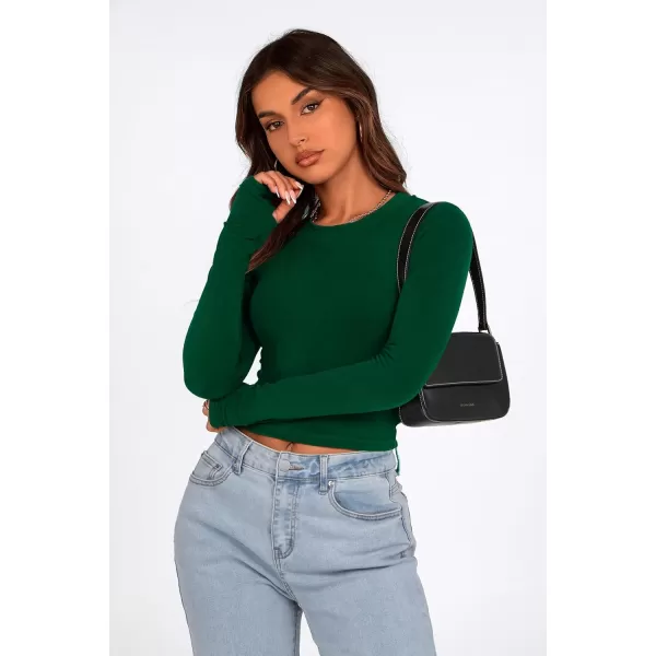 PRETTYGARDEN Womens Long Sleeve Crop Tops Y2K Fall Fashion Clothes Basic Slim Fit Tee Shirts BlouseGreen
