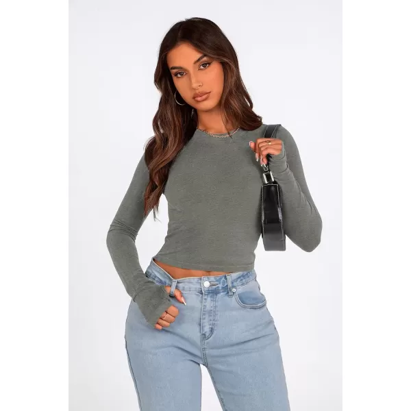 PRETTYGARDEN Womens Long Sleeve Crop Tops Y2K Fall Fashion Clothes Basic Slim Fit Tee Shirts BlouseGrey