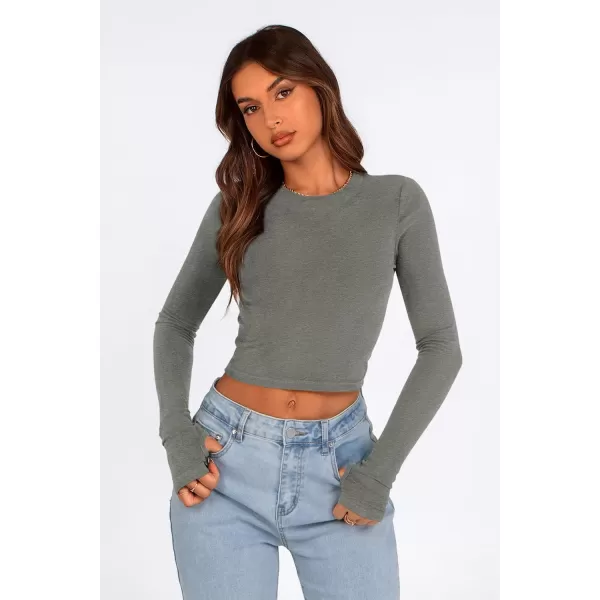 PRETTYGARDEN Womens Long Sleeve Crop Tops Y2K Fall Fashion Clothes Basic Slim Fit Tee Shirts BlouseGrey