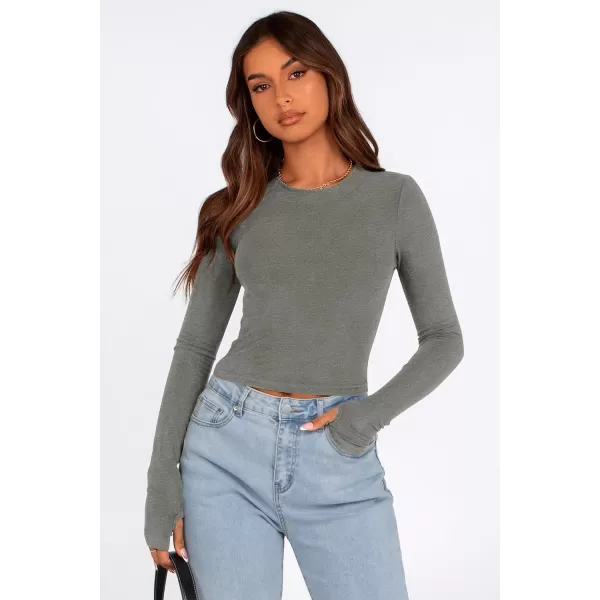 PRETTYGARDEN Womens Long Sleeve Crop Tops Y2K Fall Fashion Clothes Basic Slim Fit Tee Shirts BlouseGrey