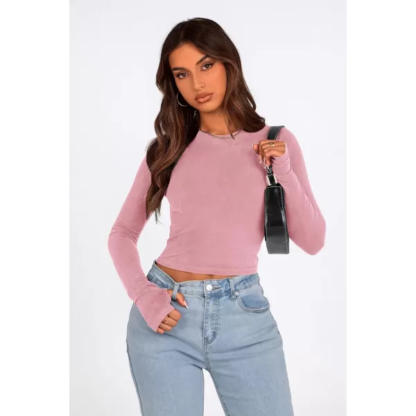 PRETTYGARDEN Womens Long Sleeve Crop Tops Y2K Fall Fashion Clothes Basic Slim Fit Tee Shirts BlousePink