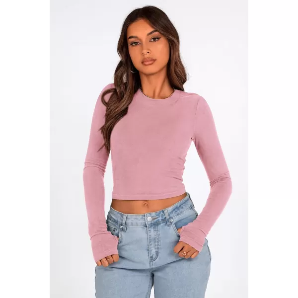 PRETTYGARDEN Womens Long Sleeve Crop Tops Y2K Fall Fashion Clothes Basic Slim Fit Tee Shirts BlousePink