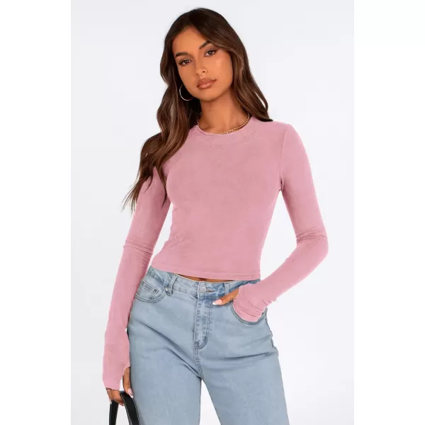 PRETTYGARDEN Womens Long Sleeve Crop Tops Y2K Fall Fashion Clothes Basic Slim Fit Tee Shirts BlousePink