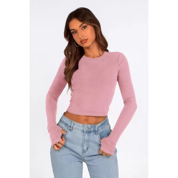PRETTYGARDEN Womens Long Sleeve Crop Tops Y2K Fall Fashion Clothes Basic Slim Fit Tee Shirts BlousePink
