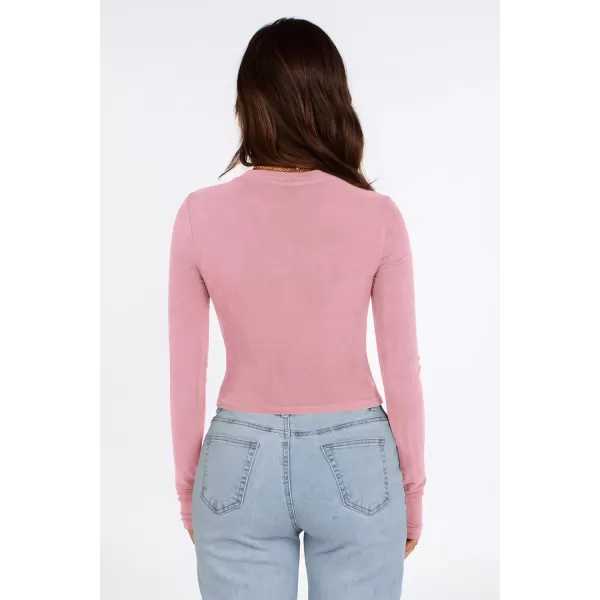 PRETTYGARDEN Womens Long Sleeve Crop Tops Y2K Fall Fashion Clothes Basic Slim Fit Tee Shirts BlousePink