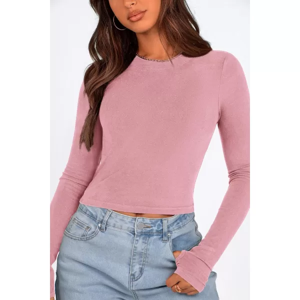 PRETTYGARDEN Womens Long Sleeve Crop Tops Y2K Fall Fashion Clothes Basic Slim Fit Tee Shirts BlousePink