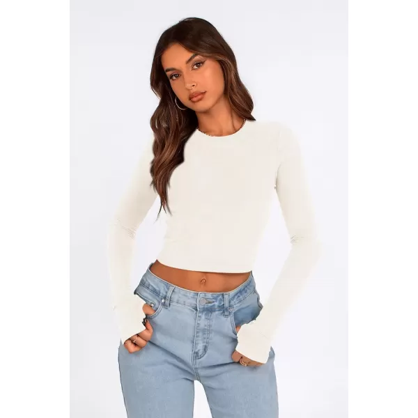 PRETTYGARDEN Womens Long Sleeve Crop Tops Y2K Fall Fashion Clothes Basic Slim Fit Tee Shirts BlouseWhite