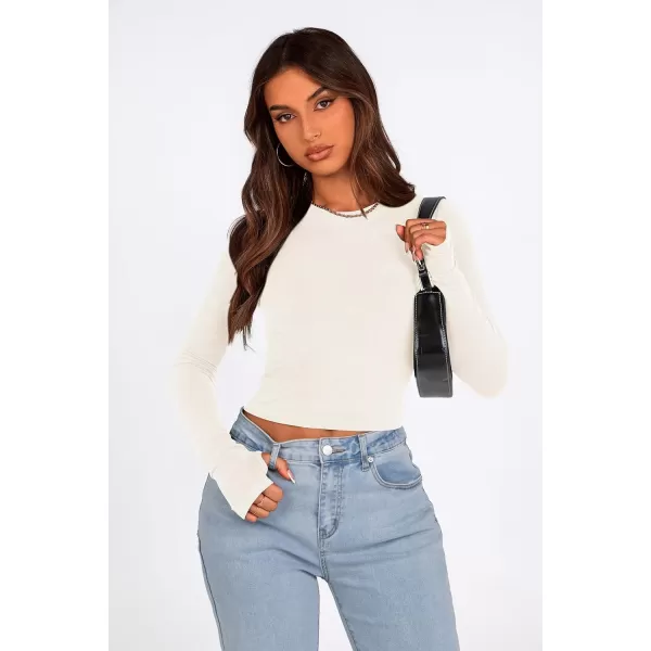 PRETTYGARDEN Womens Long Sleeve Crop Tops Y2K Fall Fashion Clothes Basic Slim Fit Tee Shirts BlouseWhite