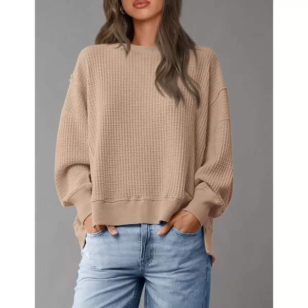 PRETTYGARDEN Womens Oversized Crewneck Sweatshirts Casual Long Sleeve Side Split Pullover Waffle Knit Shirts TopApricot