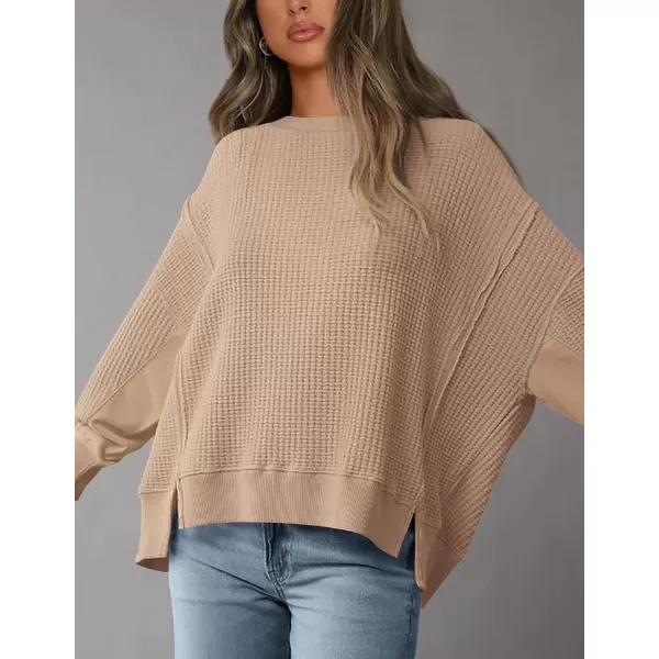 PRETTYGARDEN Womens Oversized Crewneck Sweatshirts Casual Long Sleeve Side Split Pullover Waffle Knit Shirts TopApricot