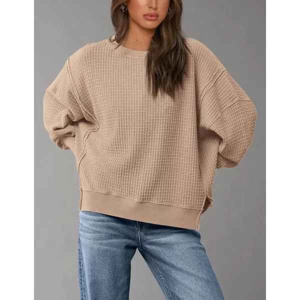 PRETTYGARDEN Womens Oversized Crewneck Sweatshirts Casual Long Sleeve Side Split Pullover Waffle Knit Shirts TopApricot
