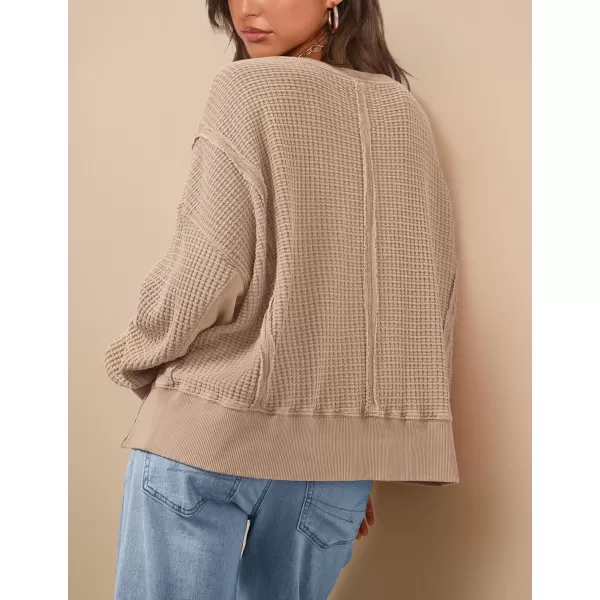 PRETTYGARDEN Womens Oversized Crewneck Sweatshirts Casual Long Sleeve Side Split Pullover Waffle Knit Shirts TopApricot