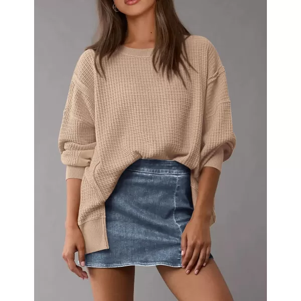 PRETTYGARDEN Womens Oversized Crewneck Sweatshirts Casual Long Sleeve Side Split Pullover Waffle Knit Shirts TopApricot