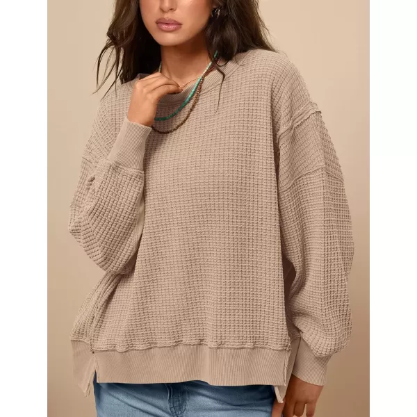 PRETTYGARDEN Womens Oversized Crewneck Sweatshirts Casual Long Sleeve Side Split Pullover Waffle Knit Shirts TopApricot