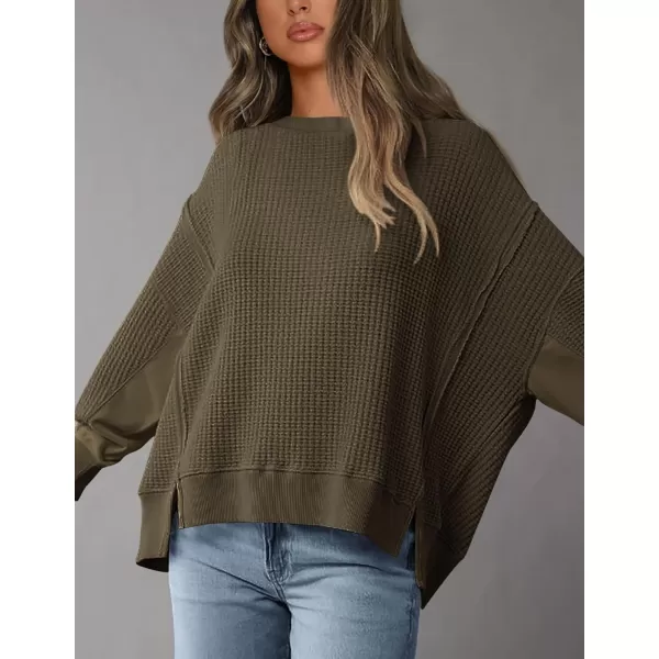 PRETTYGARDEN Womens Oversized Crewneck Sweatshirts Casual Long Sleeve Side Split Pullover Waffle Knit Shirts TopArmy Green