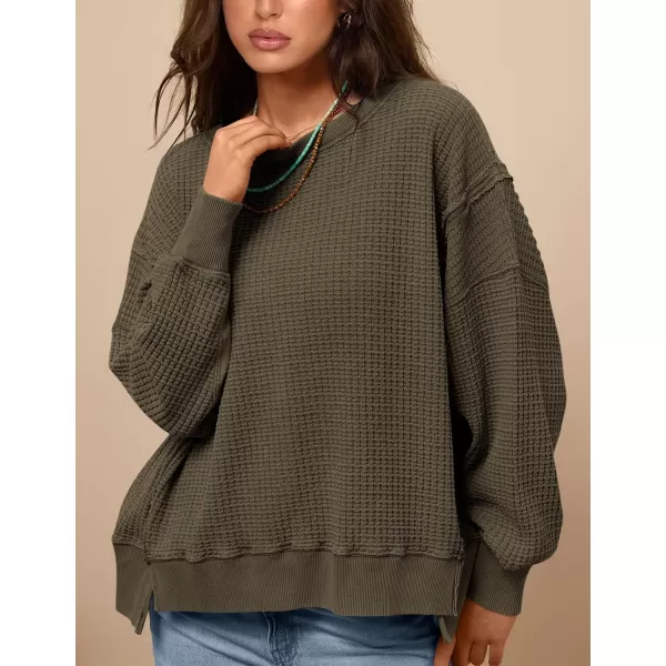 PRETTYGARDEN Womens Oversized Crewneck Sweatshirts Casual Long Sleeve Side Split Pullover Waffle Knit Shirts TopArmy Green